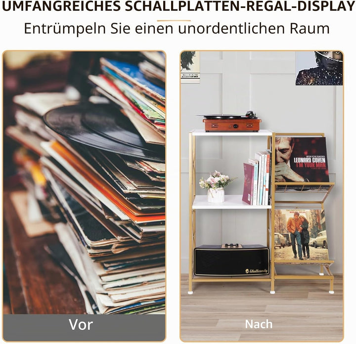 HYCFYJR Plattenspieler Ständer, Schallplatten Aufbewahrung mit 2-stufiger Vinyl Halter und Metallrah