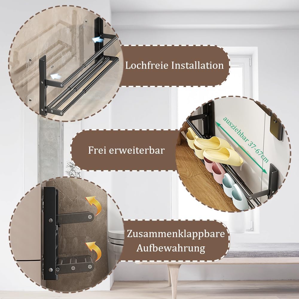 Schuhregal Wand, 2 Ebenen 37-67cm Ausziehbar Schuhablage, Faltbar Metall Schuhhalter Schmal Platzspa