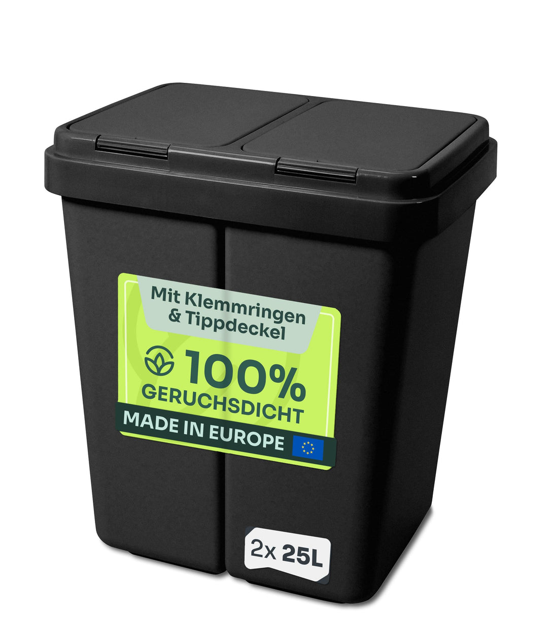 Gardissimo Duo Bin Müllbehälter schwarz mit Deckel 2 x ca. 25 Liter, Kunststoff Mülleimer für die Kü