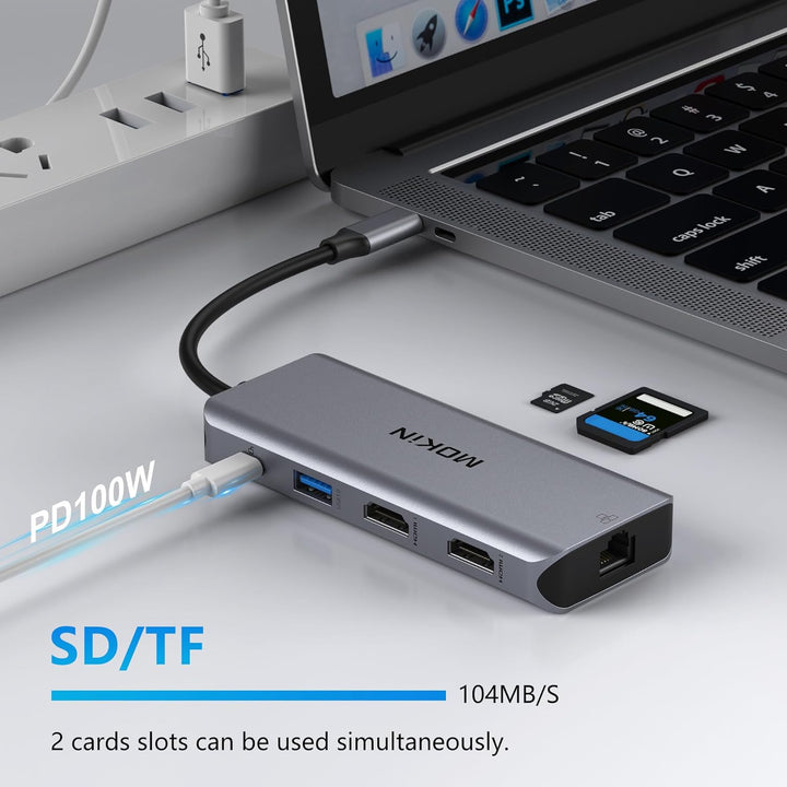 USB C 2 HDMI, MOKiN 9 in 1 Docking Station Dual Monitor, USB C Hub mit 4K Dual HDMI, Gigabit Etherne