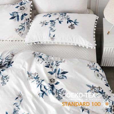 Freyamy Bettwäsche 200x220cm 3teilig Weiss Blau Blumen Pompons Wendebettwäsche Microfaser Weiche Bet