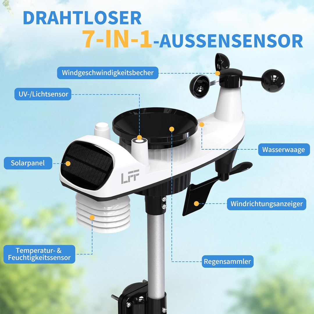 LFF WLAN 7-In-1 Wetterstation Funk mit Aussensensor, 7,5 Zoll Display,Wetterstation mit Smart Life-A
