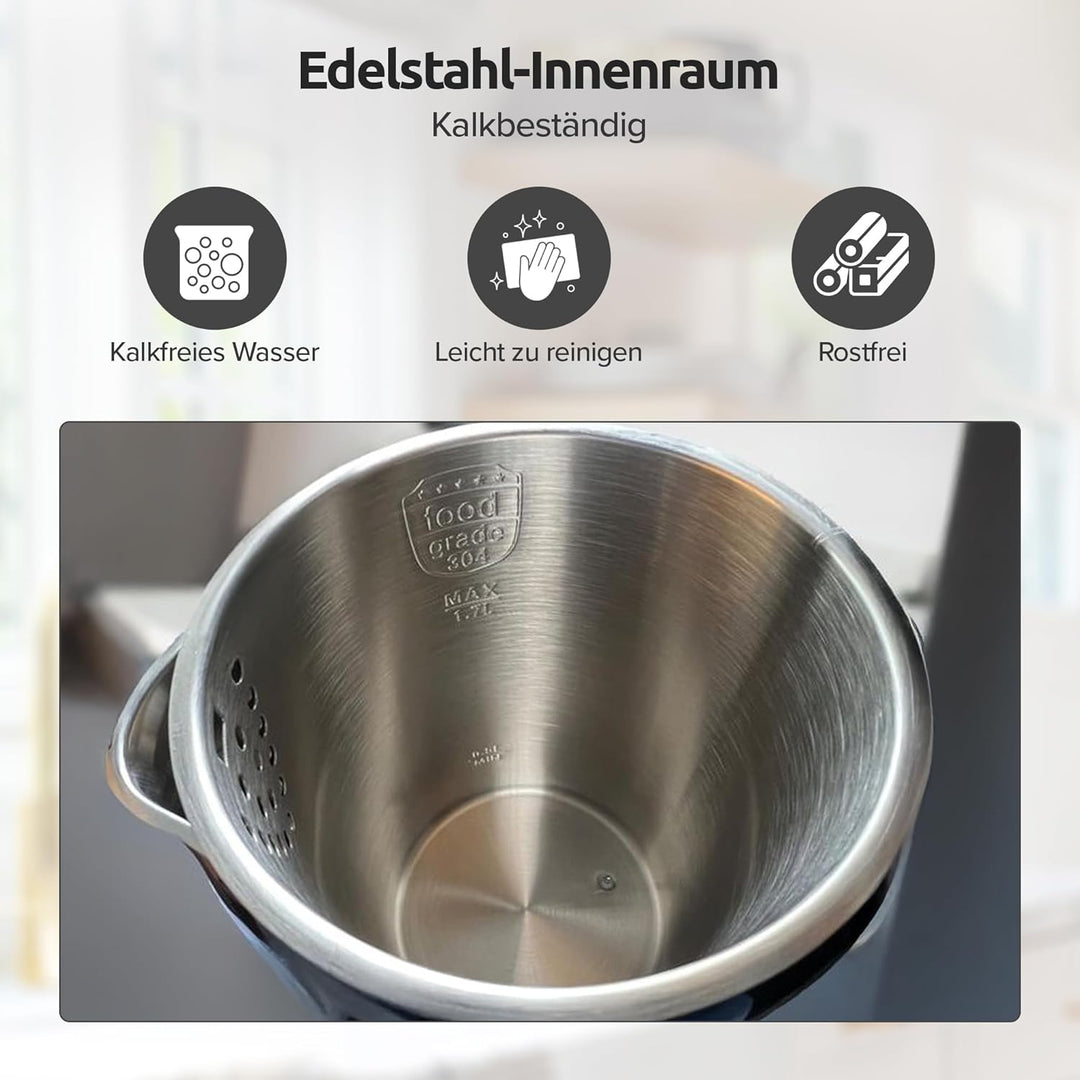 Olvy Elektrischer Wasserkocher 1,7L – Schnellkochender Wasserkocher mit Temperaturregelung, Warmhalt