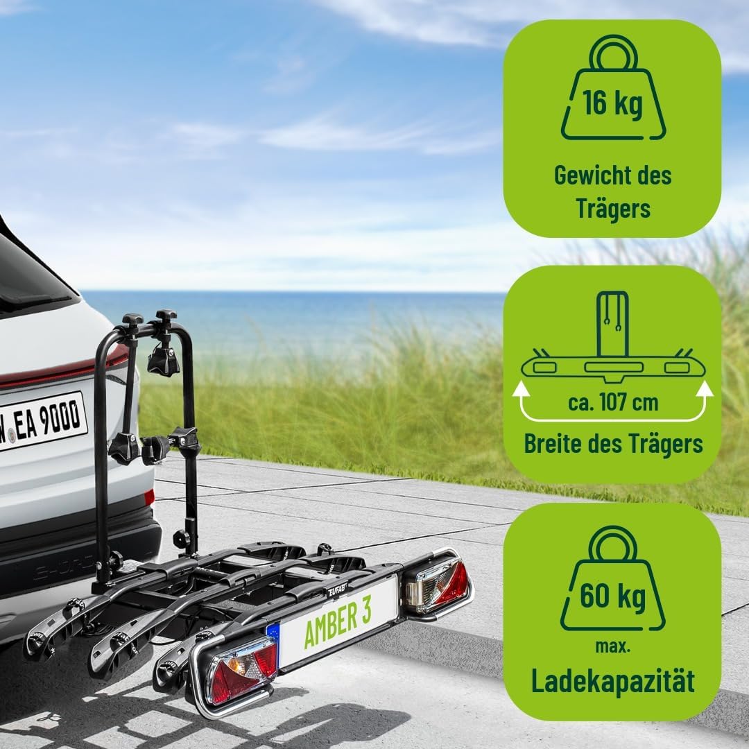 EUFAB 11555 Fahrradträger AMBER 3, E-Bike geeignet, teilweise vormontiert, Diebstahlschutz, für 3 Fa