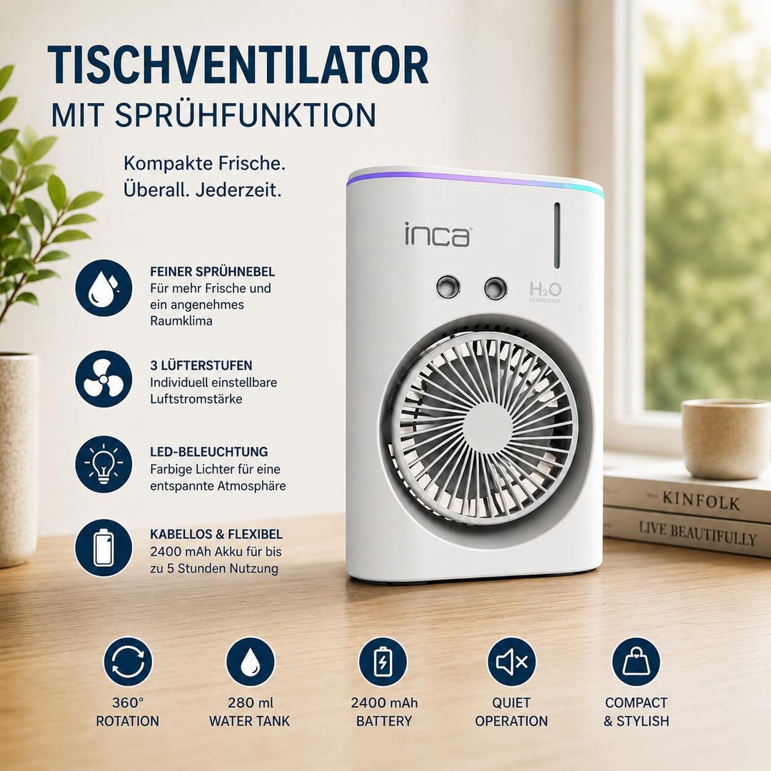 İnca Tischventilator mit Wasserkühlung & Sprühnebel IMF-10B USB Akku Ventilator tragbar & leise mit