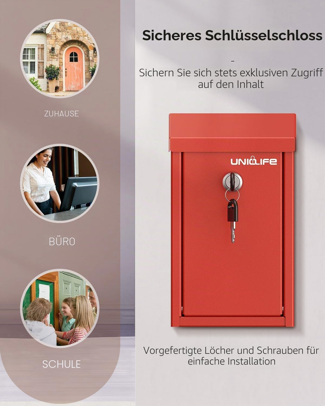Uniclife Schlüsselbox für aussen, rote Metall-Spendenbox Sammelbox mit Schlüsselschloss, sichere Vor