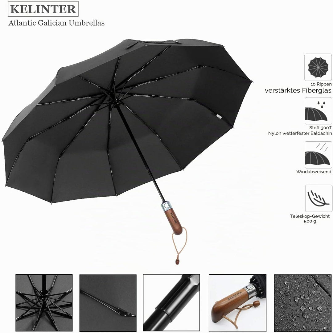 Regenschirm mit Holzgriff, Winddicht, zusammenklappbar, mit automatischem Öffnen und Schliessen, Tef