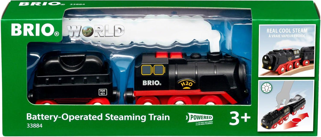 BRIO World 33835 Grosser Baukran mit Licht &amp; World 33884 Batterie-Dampflok mit Wassertank - Lokomoti