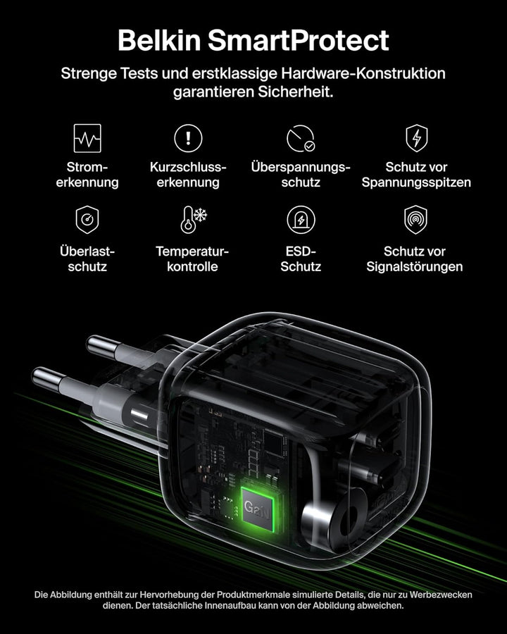Belkin SmartProtect 2 Port USB C Ladegerät, 50W, GaN-Ladegerät mit 2 Anschlüssen, 1 m USB-C-Kabel, S