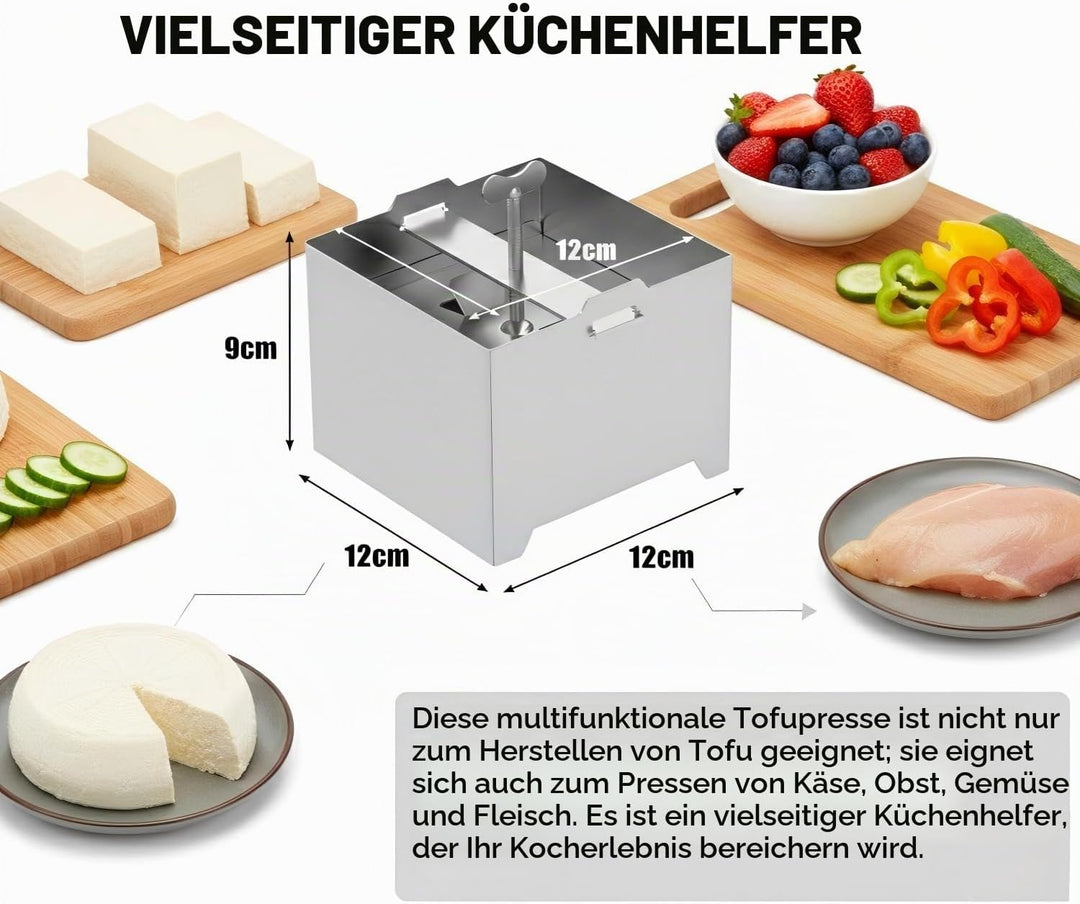 Tofupresse, Tofupresse aus Edelstahl, lebensmittelechtes Material, spülmaschinenfest, inklusive 1 Ta
