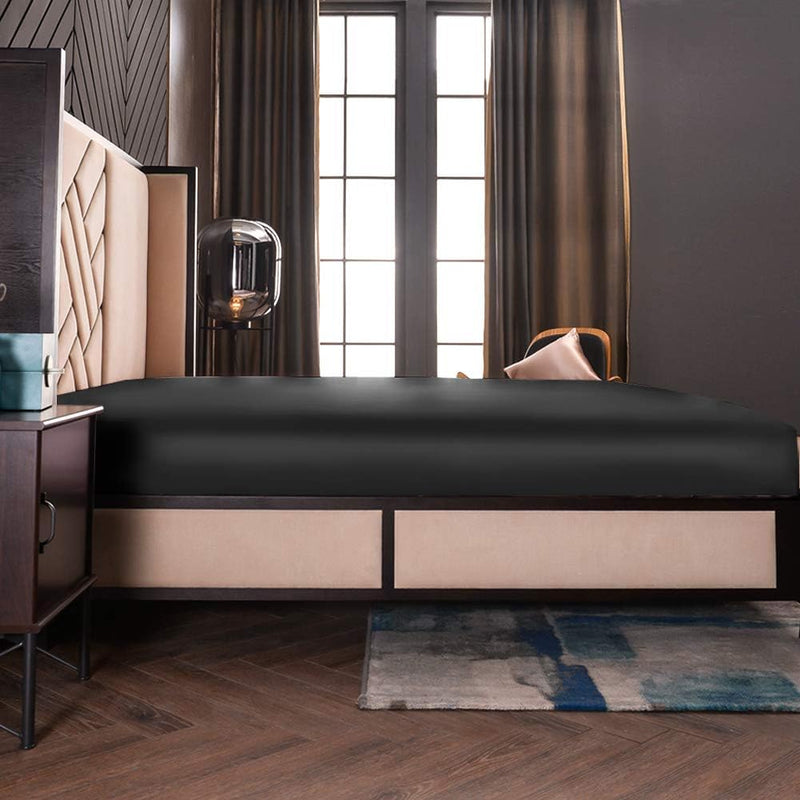 THXSILK Spannbettlaken Seide Bettlaken 140x200, Schwarz Seiden Bettlaken, 100% Reine 19 Momme Maulbe