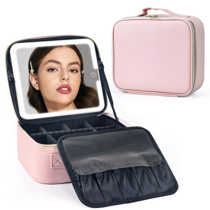 Make up Tasche mit Spiegel，Travel Makeup Bag mit 1/10x Spiegel und 3 Farbe Licht，Make up Organizer T