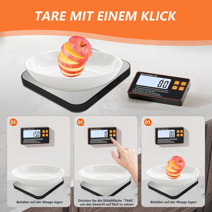 Küchenwaage Digital, 15kg/1g mit Abnehmbarem Display, Edelstahl Oberfläche, Mit Separatem LCD-Displa