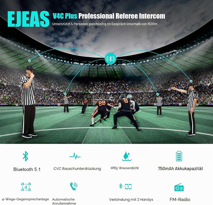 EJEAS V4C Plus Bluetooth Türsprechanlage für Fussballschiedsrichter, 1200 m, 4 Personen, die gleichz