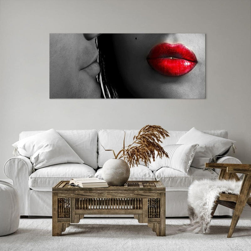 Wandbilder Dekoration Wohnzimmer Rote Lippen dunkles Haar Modell Liebe Bilder auf Leinwand 120x50cm