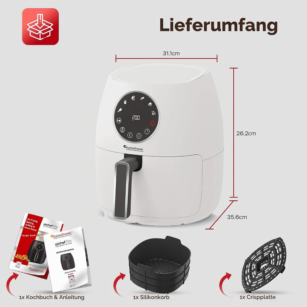 Heissluftfritteuse 3,5L NEU mit Silikoneinlage Airfyer für 0,3 kg Pommes Power 75-200°C 1300 W, 6 Pr