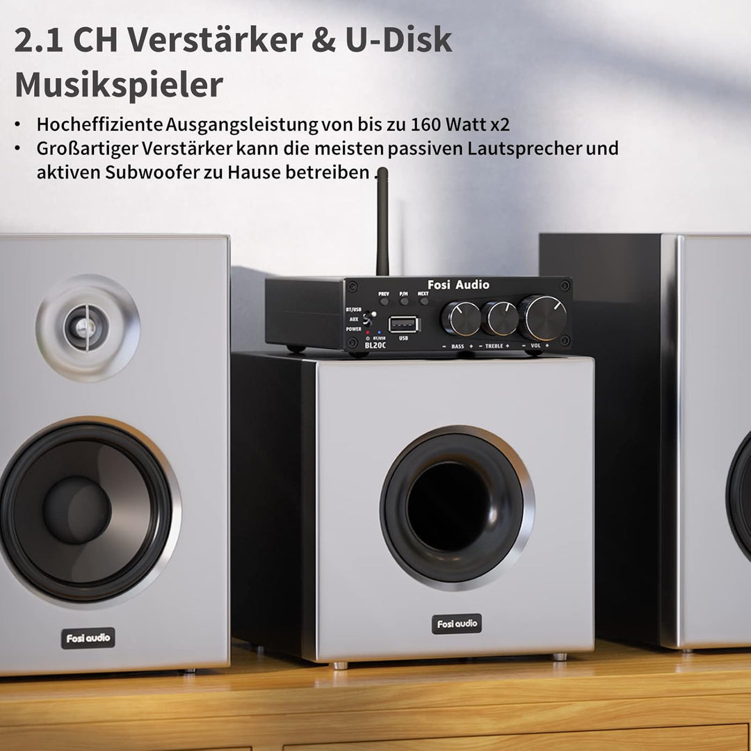 Fosi Audio BL20C HiFi Verstärker 320 Watt, Bluetooth 5.0 Mini 2.1 CH Klass-D TDA7498E Integrierter,