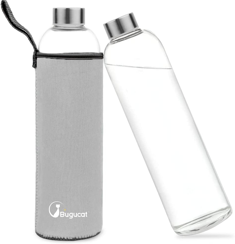 Bugucat Glasflasche1000 ML, Trinkflasche aus Glas mit Edelstahlabdeckung Schutzhülle，Wasserflasche A