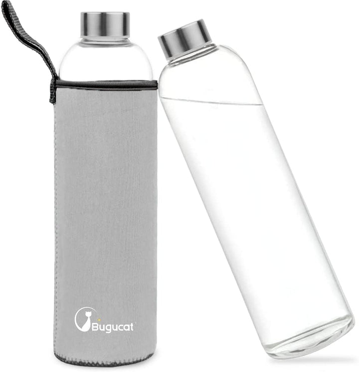 Bugucat Glasflasche1000 ML, Trinkflasche aus Glas mit Edelstahlabdeckung Schutzhülle，Wasserflasche A