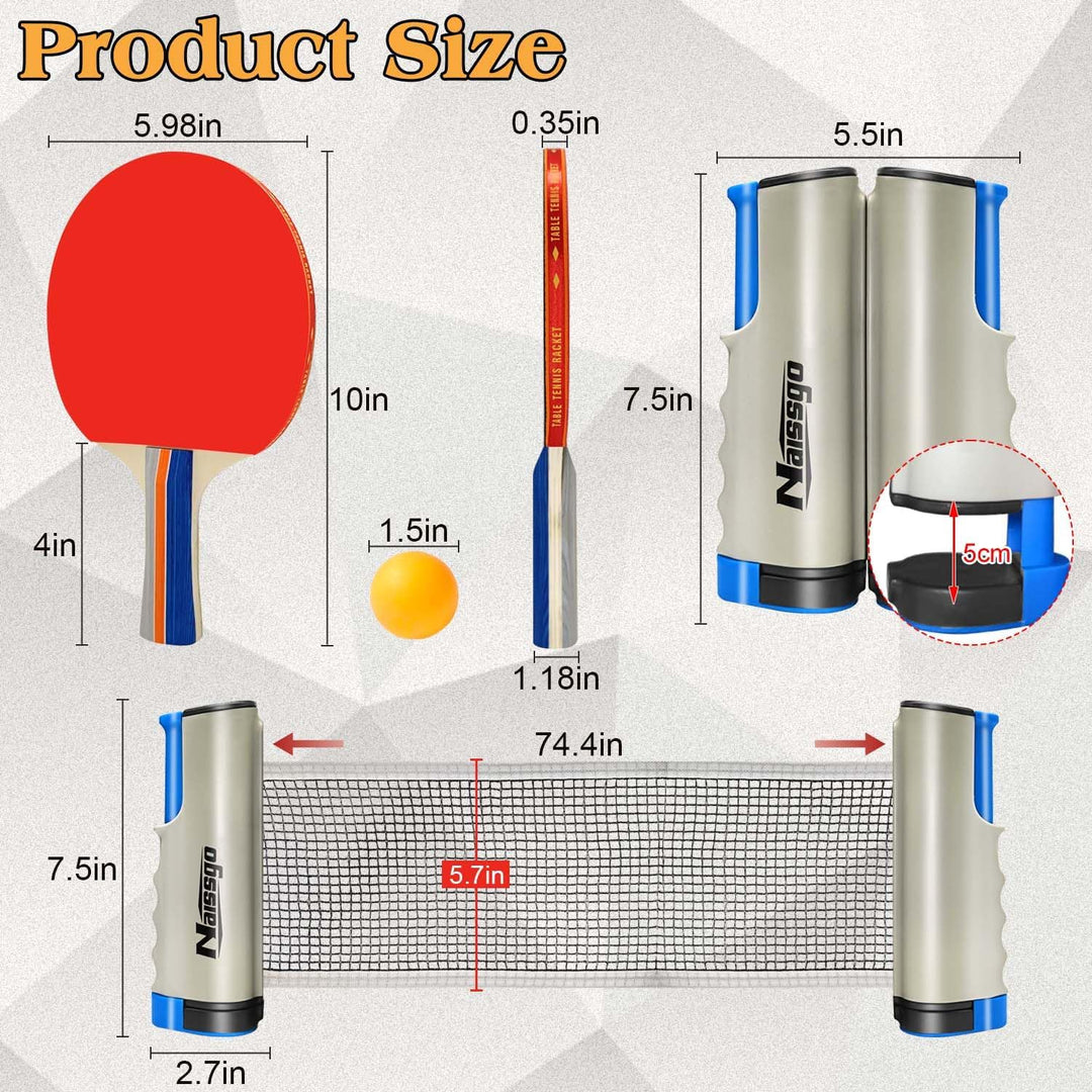 Tischtennis-Set,Tischtennisschläger Profi, 2 Tischtennisschläger, 1 Einziehbarem Netz,8Tischtennis-B