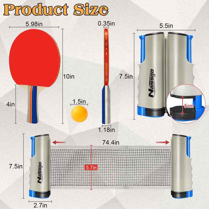 Tischtennis-Set,Tischtennisschläger Profi, 2 Tischtennisschläger, 1 Einziehbarem Netz,8Tischtennis-B