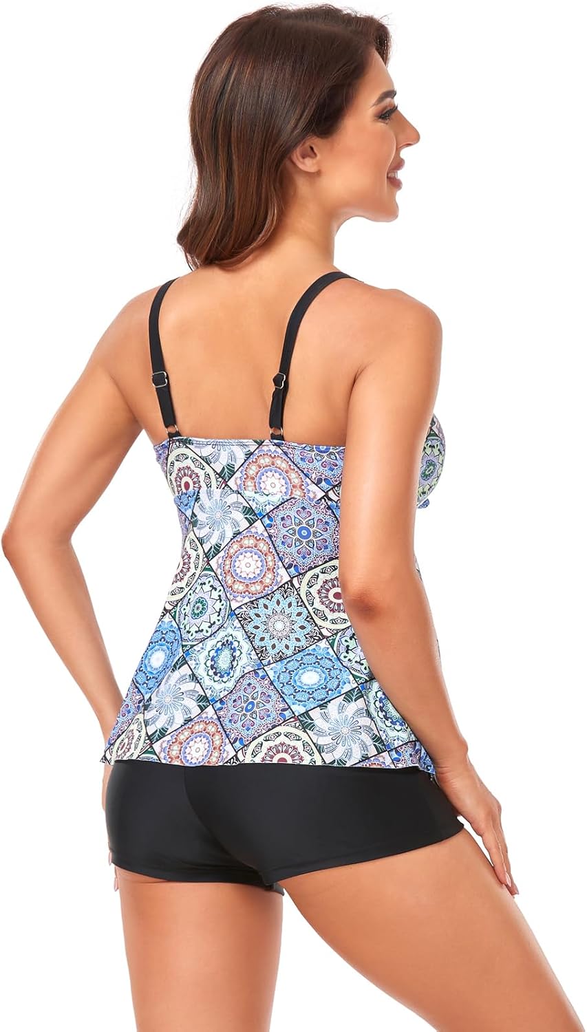 Damen zweiteilig Badeanzug Push up Bademoden Tankini Set mit Hot Pants Drucken Badeanzüge Bikini Swi