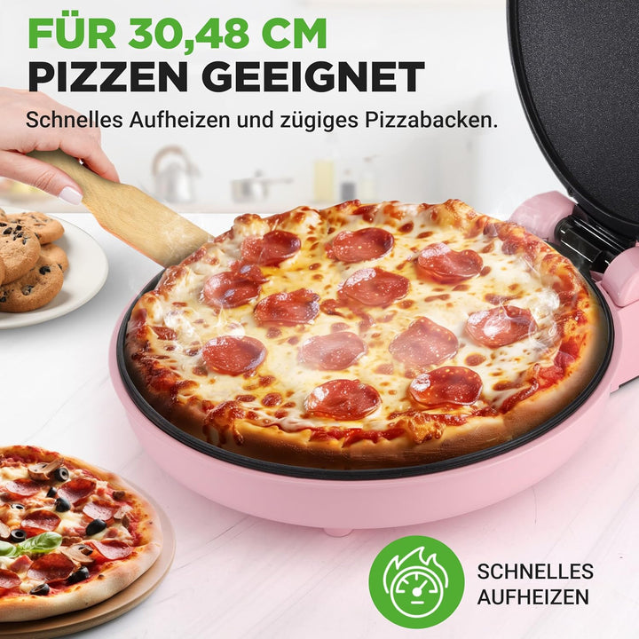 NutriChef Elektrischer Pizzaofen Pink – 1500W Kompaktgerät für 30cm Pizza Antihaftplatte für Pizza,