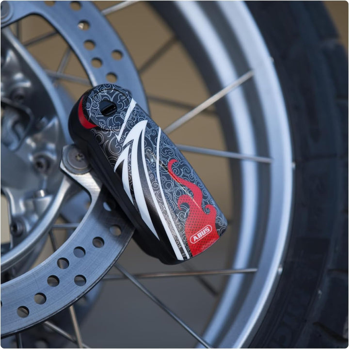 ABUS Bremsscheibenschloss Detecto 7000 RS1 – Motorradschloss mit Alarm – flame black one size Schwar