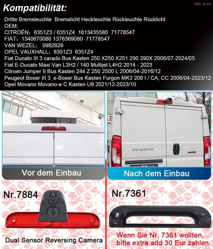 Doppel-Rückfahrkamera im Bremsleuchte,Auto Rückfahrkamera mit Zwei Kameras+7" LCD Monitor für FIAT D