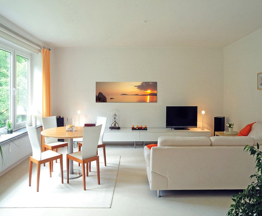 Paul Sinus Art Panoramabild auf Leinwand und Keilrahmen 150x50cm Meer Felsen Dämmerung Sonnenunterga