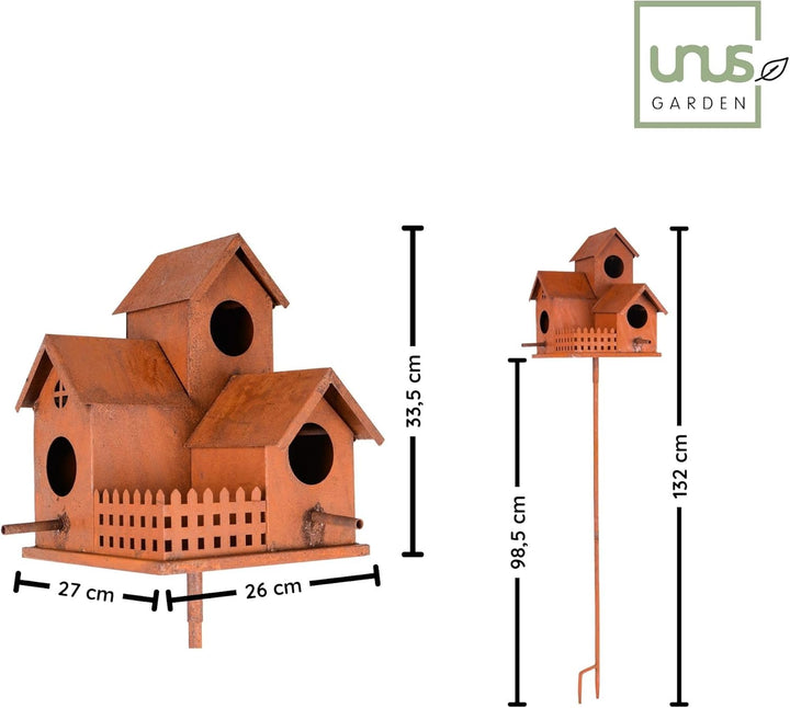UNUS Vogelhaus aus Metall in Rostoptik mit Stab 132 cm dekoratives Vogelhäuschen für Garten und Terr
