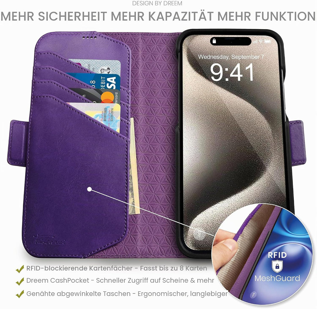 Dreem Fibonacci kompatibel mit iPhone 15 Pro Max Brieftaschen-Etui / 2-in-1 stossfestes Etui und abn