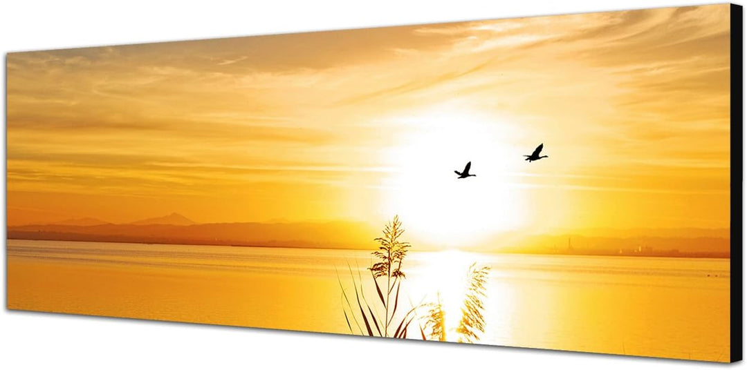 Paul Sinus Art Panoramabild auf Leinwand und Keilrahmen 150x50cm See Gräser Vögel Sonnenuntergang