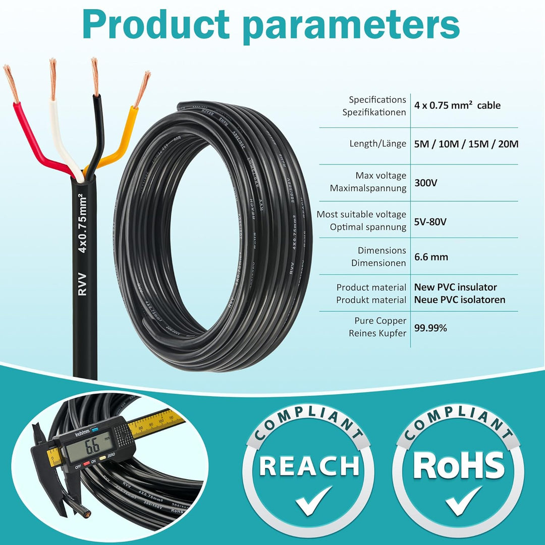 4-adriges Kabel LED-Rücklichter Verkabelungkabel für Anhänger 4x0,75mm² - 10M FLRYY Fahrzeugleitung