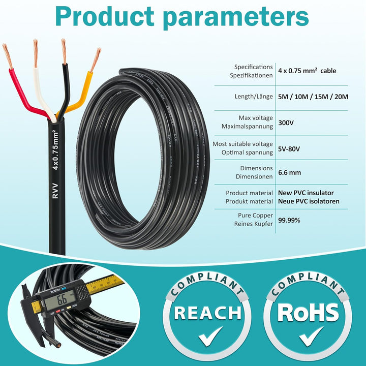 4-adriges Kabel LED-Rücklichter Verkabelungkabel für Anhänger 4x0,75mm² - 10M FLRYY Fahrzeugleitung