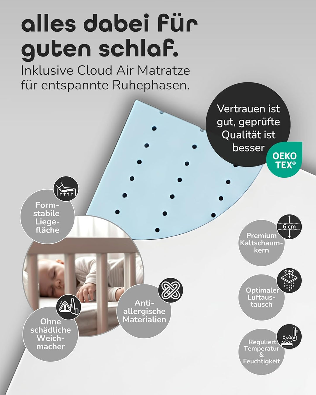 Sämann Laufstall Baby mit Matratze Cloud Air und Schlupfsprossen | TÜV geprüft | stufenlos höhenvers