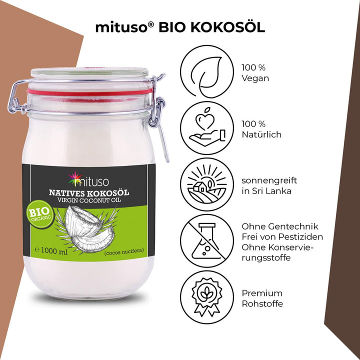 mituso Bio Kokosöl, nativ, 2er Pack (2 x 1000 ml) im Bügelglas