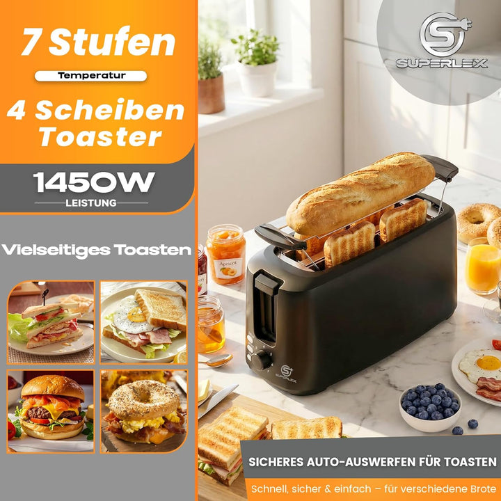 Toaster Langschlitz Toaster 4 Scheiben 7 Bräunungsstufen Auftaufunktion Aufwärmfunktion Herausnehmba
