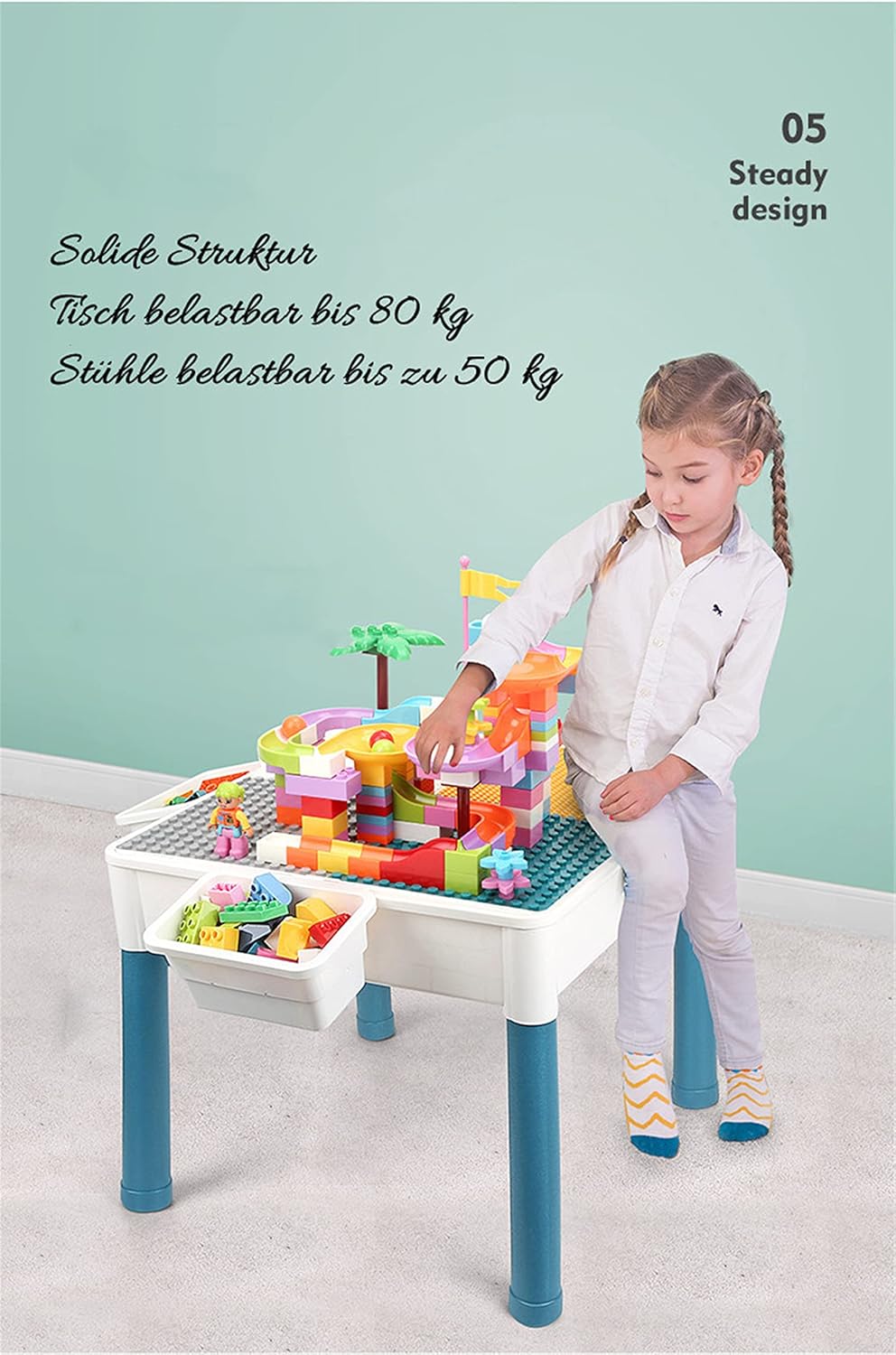 6-in-1 Kindertisch Stuhl Set Kinder Spieltisch, 51x51 cm Doppelseitiger Tischplatte mit 292 Baustein