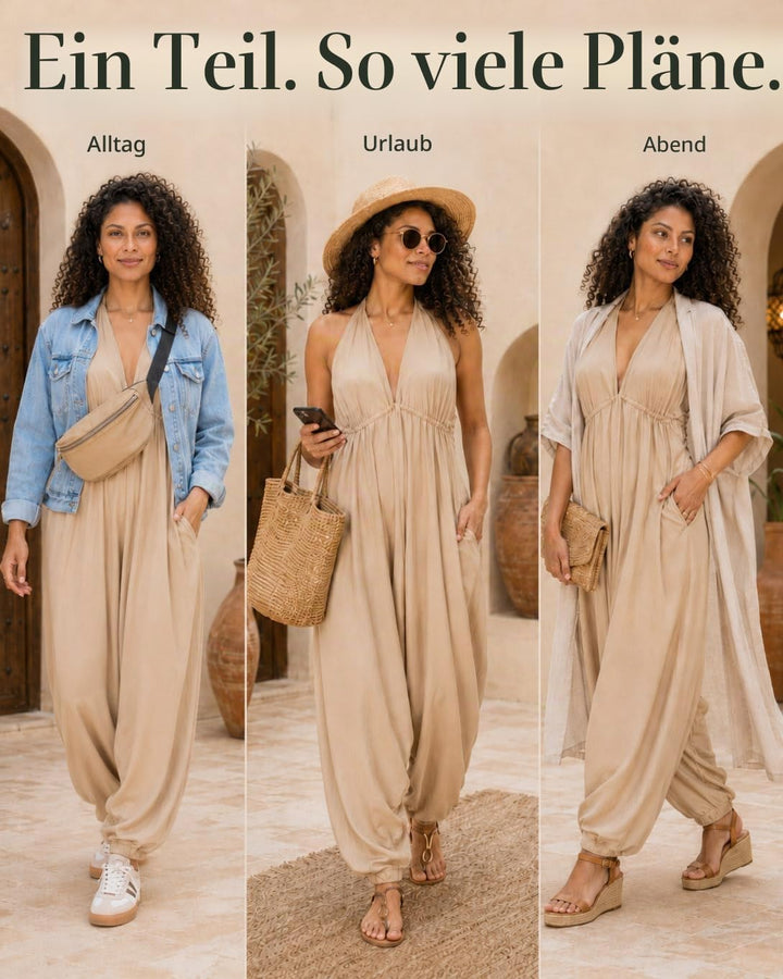 likemary Jumpsuit Damen Sommer – Luftiger Neckholder Overall mit Taschen – Boho Einteiler Damen mit