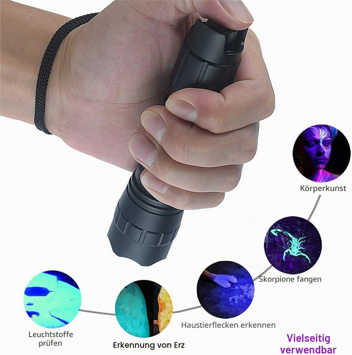 ULTRAFIRE UV Taschenlampe 395-405nm Schwarzlicht Stufenlose Dimmung Zoom Mini Ultraviolett LED Tasch