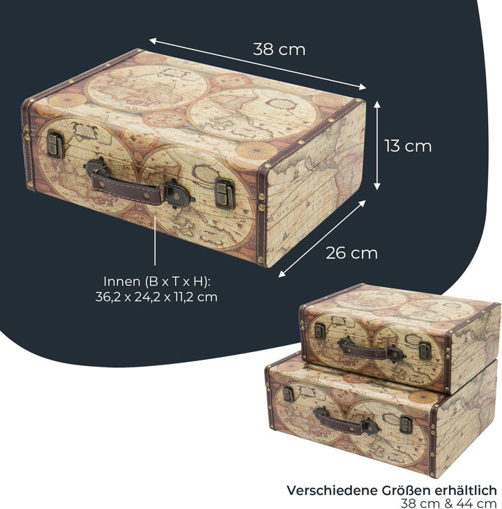 HMF Vintage Deko Koffer aus Holz, Aufbewahrungsbox mit Deckel und Ledergriff, stilvolle Aufbewahrung