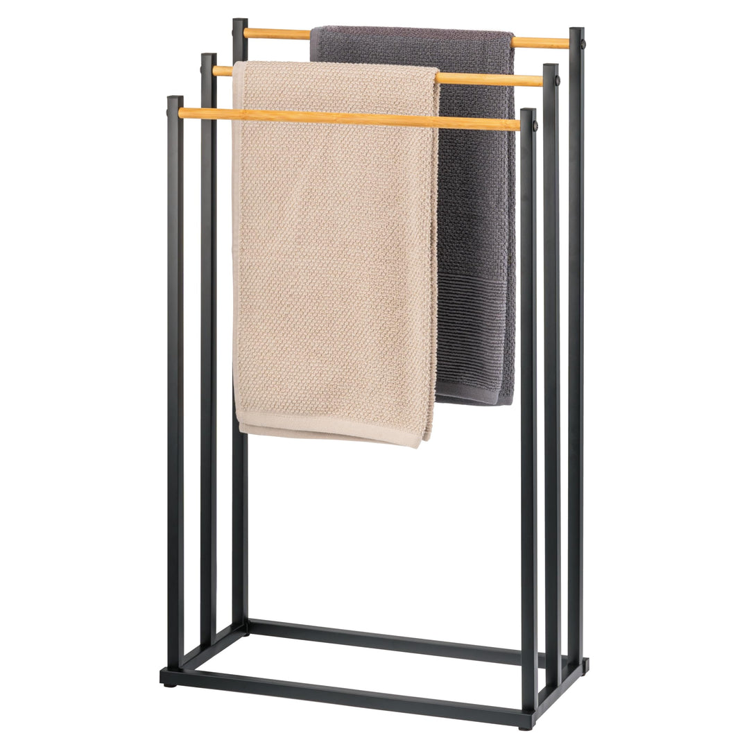eluno Stand-Handtuchhalter freistehend, 3 Stangen, Handtuchständer, Bambus (schwarz), Schwarz
