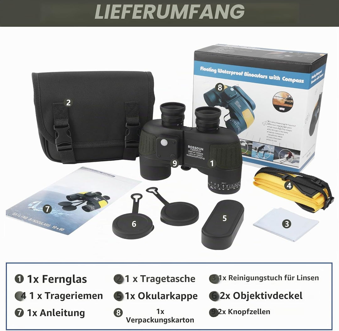 10x50 Fernglas,Fernglas mit Nachtsicht Entfernungsmesser und Kompass, für Wassersport-Enthusiasten u