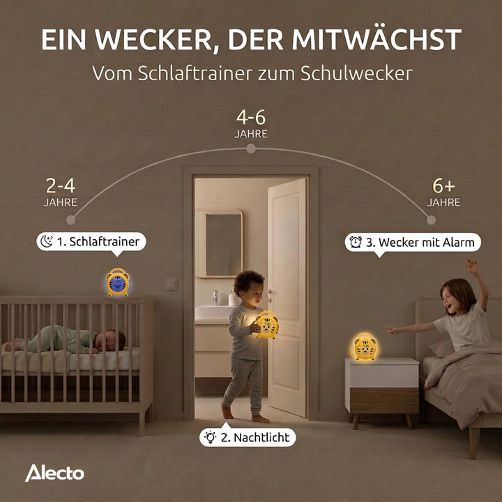 Alecto BC100TIGER - Pädagogischer Wecker Kinder - Schlaftrainer & Nachtlicht Kinder - Lernen von Sch