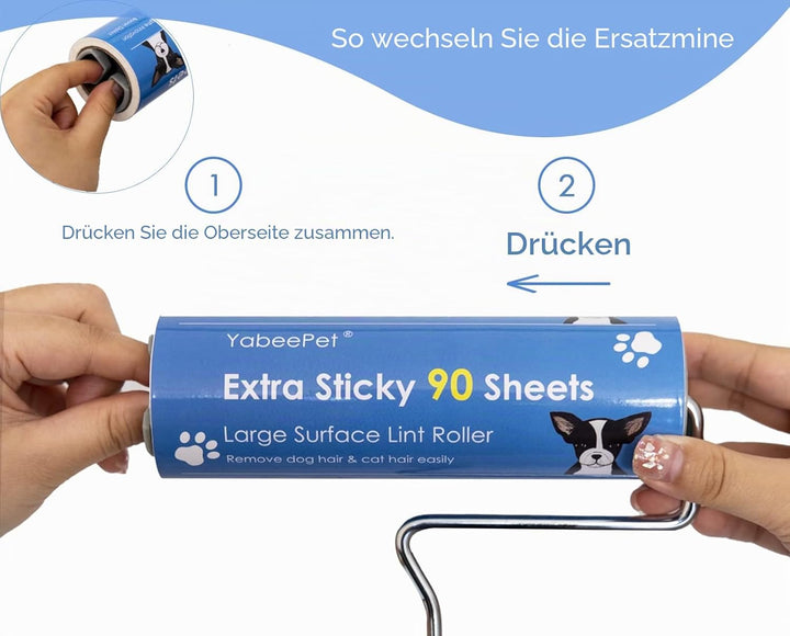 Extrem klebriger Fusselroller zur Entfernung von Tierhaaren - Grosse Fläche, 90 Blatt pro Rolle, 16