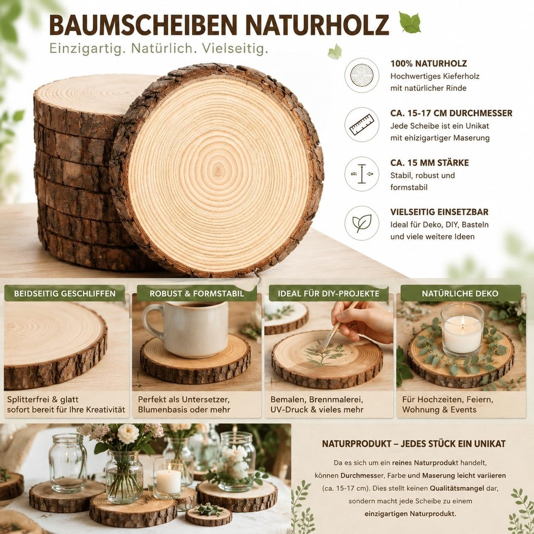 Rustikale Holzscheiben 16–17 cm mit Rinde, 24 Stück Naturholz Baumscheiben 15 mm Dick für Tischdeko,