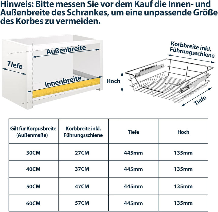 2x Küchenschublade 60cm Teleskopschublade 25kg Belastbar Korbauszug Küchen Regal Teleskopschublade a