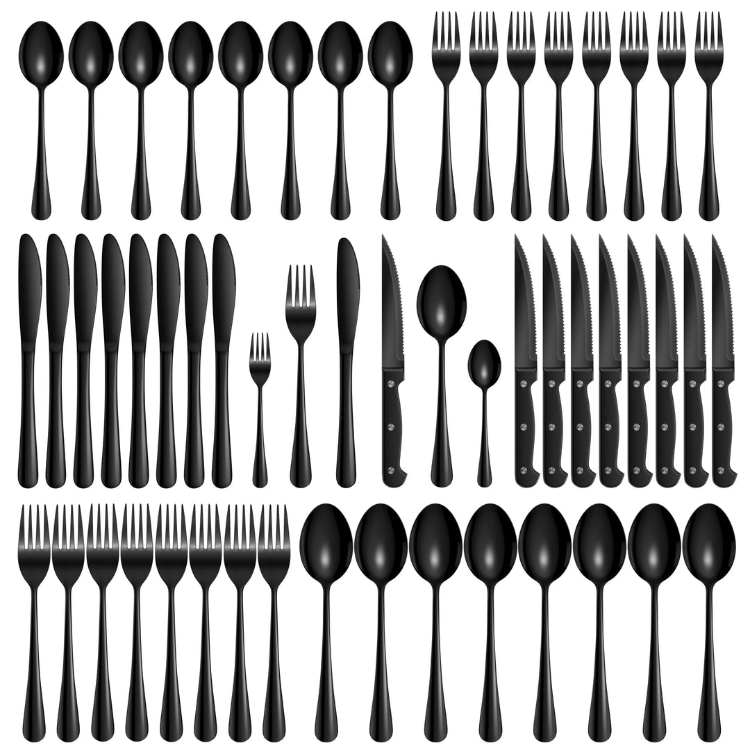 Velaze Besteck Set Schwarz 8 Personen, 48 teilig Besteckset mit Steakmesser, Glänzendes Essbesteck S