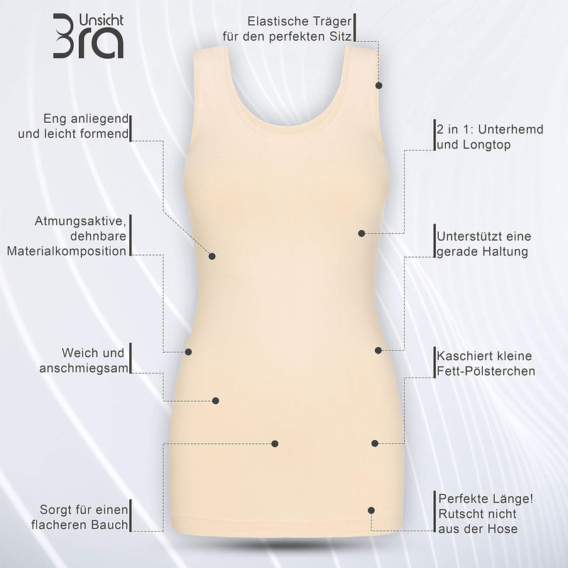 3er Pack Shape Damen Unterhemden Longshirt | Basic Wohlfühl Mikrofaser Damen Top ohne Bügel | Bauchw